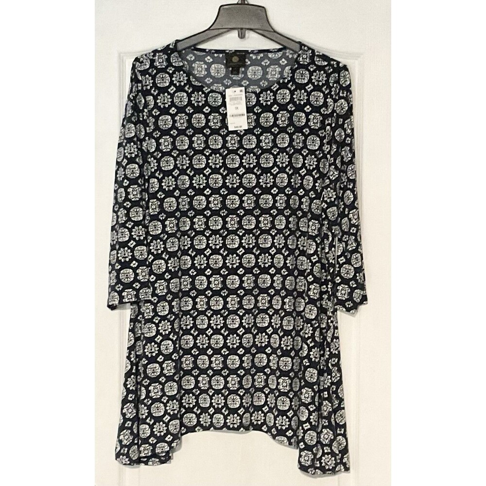 JM Collection Women’s Plus Size Geo Print Swing Top Size 1X, Intrepid Blue Combo